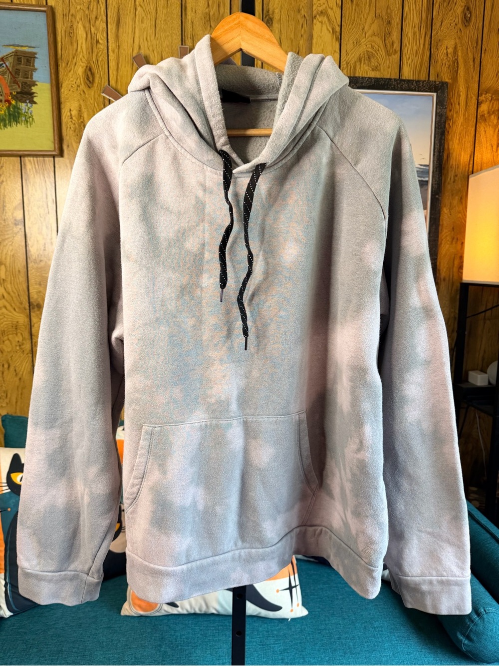 ZELOS Men's Light Gray and Pale Pink Tie-Dye Crewneck Hoodie